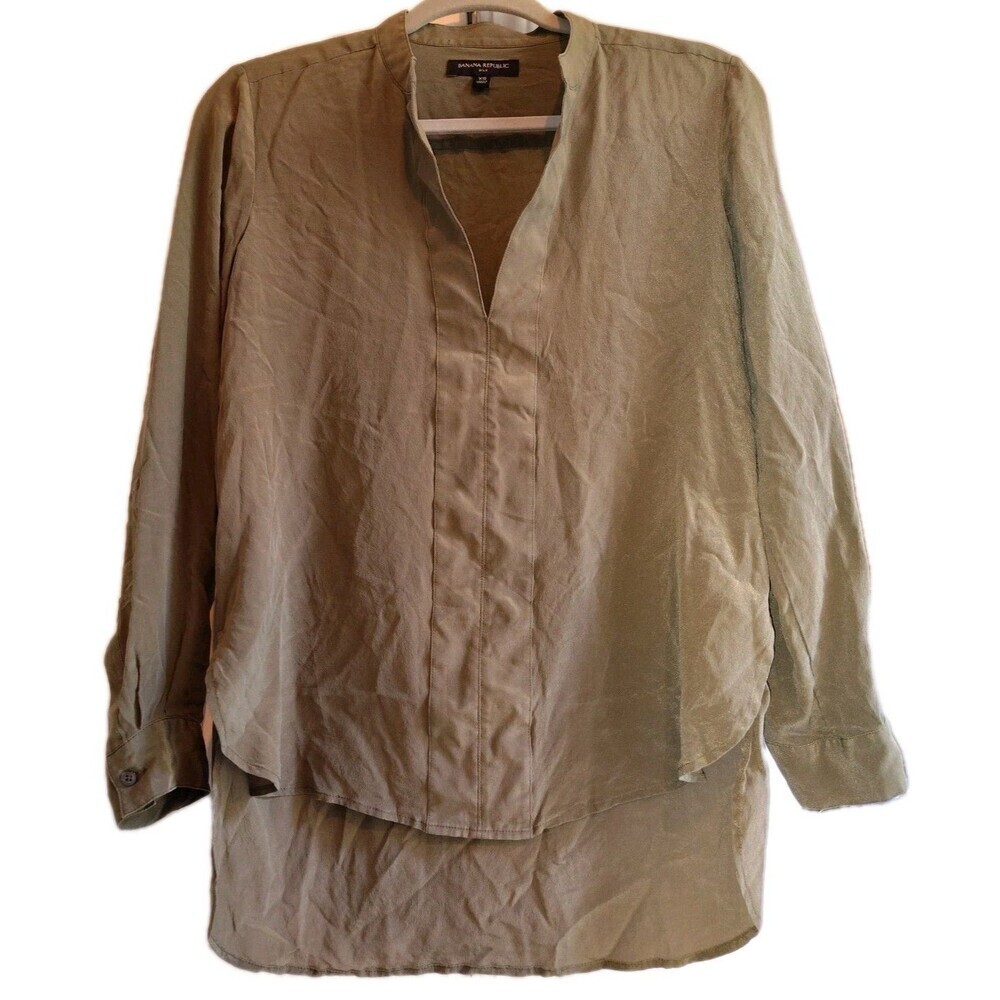 Banana Republic 100% Silk Banded V-Neck Blouse Olive Green Tunic XS